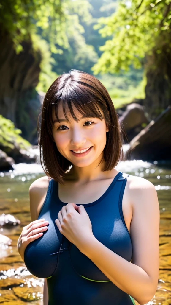 ((最high quality, 8K, masterpiece: 1.3)), (close:0.75), Realistic, Sharp focus, high quality, 32K High Resolution, Japanese,Huge bust middle-aged woman、36age、Chubby body type、Bust size is huge at 40 inches (Wearing a navy blue swimsuit),{Extremely large breasts}Put your hands behind your head and show your armpits to the camera、 ((Very strong sunlight)), smile, Short Bob, Photographed in front of a waterfall in a midsummer forest、 Cowboy shot 32K high quality、