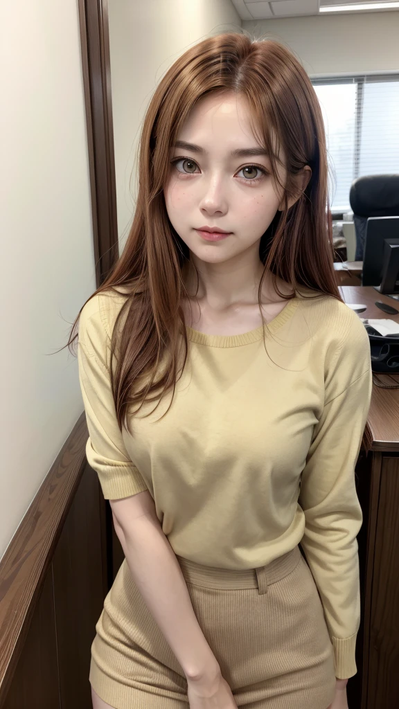Anime girl, 26 years old, light brown hair, slightly yellow eyes, fair skin, timid expression, office clothes Uma garota de anime, age 26, light RED hair, yellowish brown eyes, skin fair, body skinny, smallbreast, shy expression and in office clothes. Clumsy and slightly awkward.