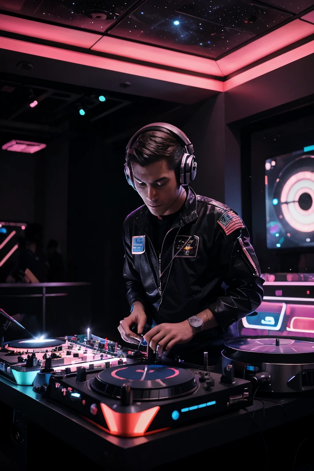 Create a vibrant, cartoon-style image of an astronaut wearing a futuristic headset, operating a DJ setup. The astronaut should be animated and full of energy, with a gleaming spacesuit reflecting the lights of the DJ equipment. The DJ setup should include turntables, mixers, and colorful LED lights, all set against a sleek, black background to make the characters and equipment stand out. The overall vibe should be dynamic and fun, capturing the essence of a space-themed DJ party."