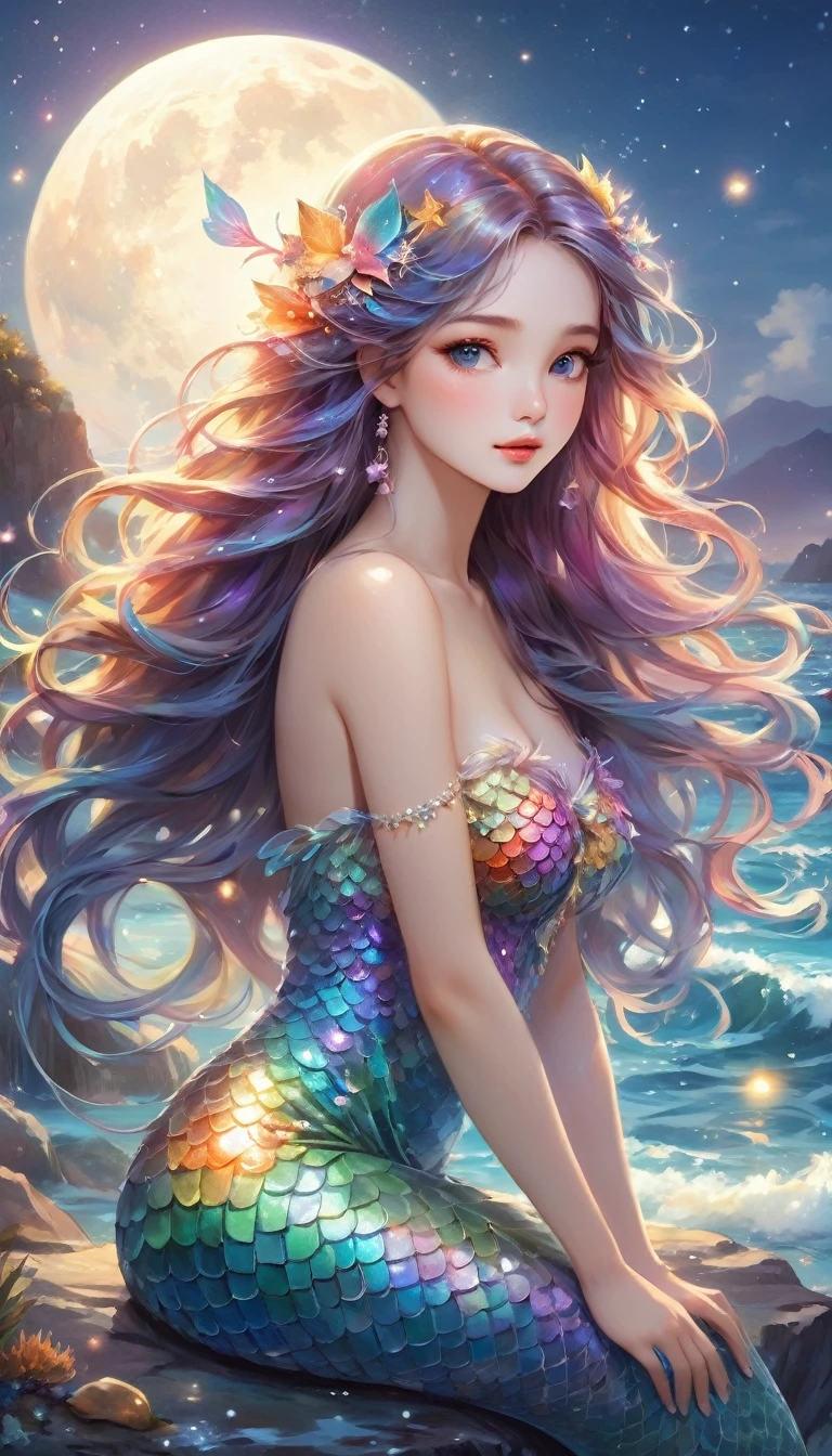 Beautiful mermaid with flow,Rainbow scales and long,Flowing hair. She is sitting on a rock by the sea under the moonlight,surrounded by Gentle waves and sparkling Marine Life.,(style: fantasy, Practical),(detail: Long hair, Rainbow scales, moonlight, Marine Life, Gentle waves),(Anatomically correct),best quality,Good quality,16K,Ridiculous,Very detailed,Delicate and beautiful eyes,Smooth and beautiful skin,Beautiful hair,闪亮的detail,仔细绘制detail,Complex gradients like watercolor,bright coloring,Excellent color balance,happy dream,Zentangle elements,Rendering,Chanting colorful mantras,((flash)),Hologram processing,excellent,Magic Effects,Place tiny light particles,Draw the facial lines carefully,attractive,Natural Makeup, mermaid full body,