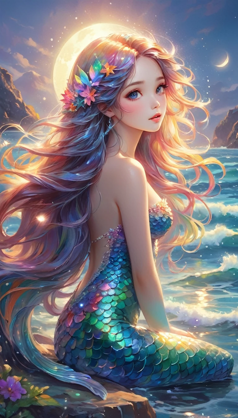 Beautiful mermaid with flow,Rainbow scales and long,Flowing hair. She is sitting on a rock by the sea under the moonlight,surrounded by Gentle waves and sparkling Marine Life.,(style: fantasy, Practical),(detail: Long hair, Rainbow scales, moonlight, Marine Life, Gentle waves),(Anatomically correct),best quality,Good quality,16K,Ridiculous,Very detailed,Delicate and beautiful eyes,Smooth and beautiful skin,Beautiful hair,闪亮的detail,仔细绘制detail,Complex gradients like watercolor,bright coloring,Excellent color balance,happy dream,Zentangle elements,Rendering,Chanting colorful mantras,((flash)),Hologram processing,excellent,Magic Effects,Place tiny light particles,Draw the facial lines carefully,attractive,Natural Makeup,Little girl mermaid full body,
