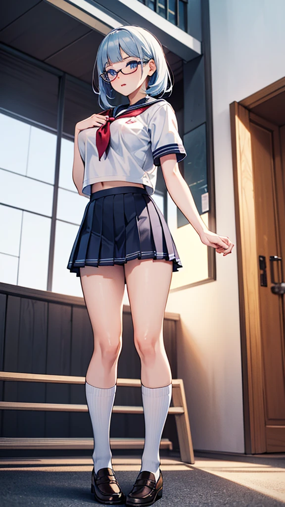 Cute light blue bra、Plain whiteＴshirt、Bright red jacket、A white and blue checked miniskirt that&#39;s so short you can see her underwear、Skirt flip、She lifts her skirt with both hands to show off her cute white underwear、barefoot、A girl is hugged and kissed by a tall boy in gym clothes、classroom