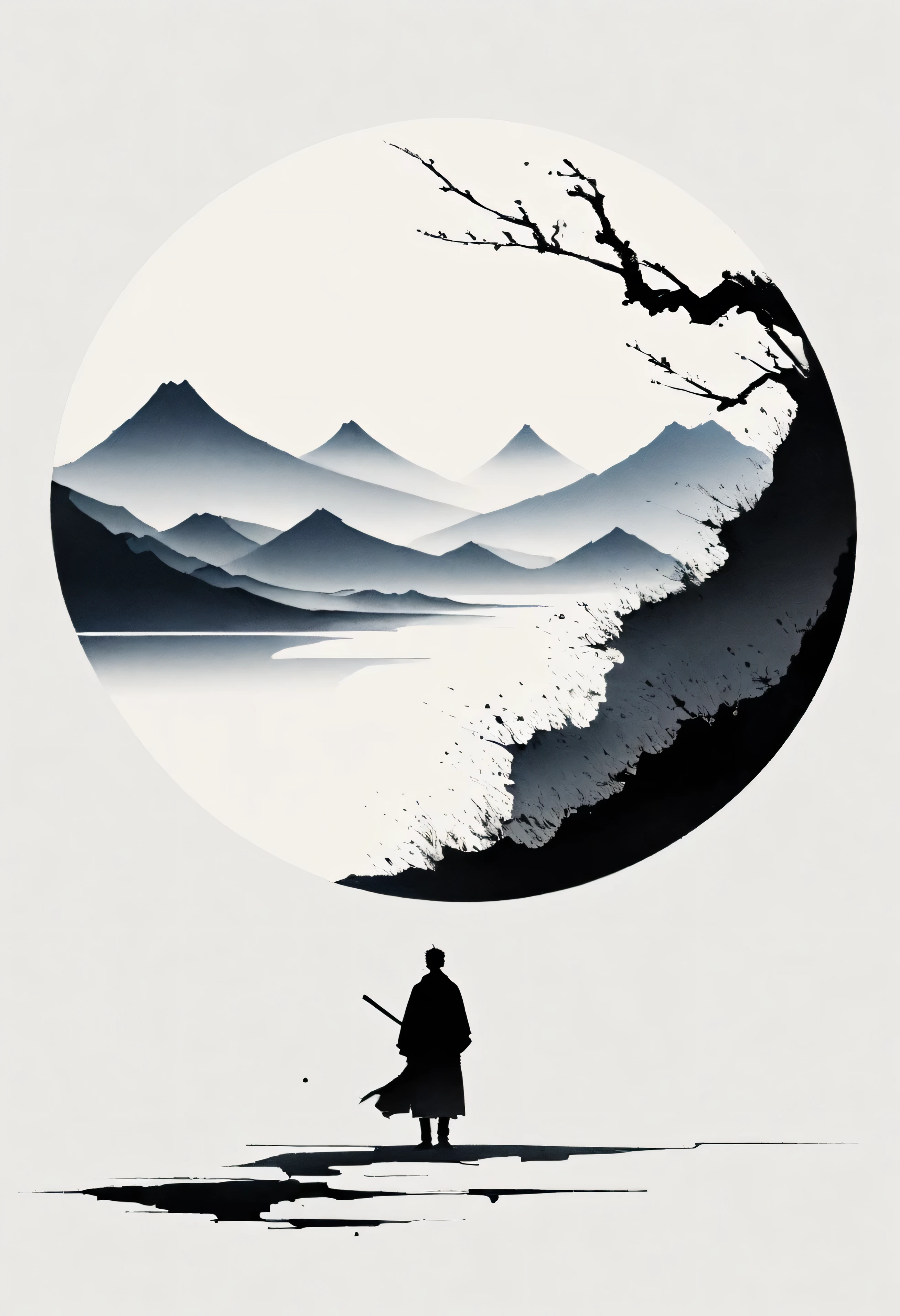 Artistic ink painting,Three-dimensional painting with ink,minimalism,Minimalist graphicinimalist art,clean background,古韵blank space,blank space,大面积blank space,matte texture,Low saturation,minimalist composition,Master Composition。moutain,A distant person