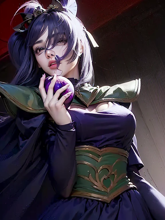 ((ultra realisitic)), ((picture-perfect)), ((face perfect)), ((ultra detaild)), ((fully body))girl in a purple dress holding a purple apple, yandere, demon girl,