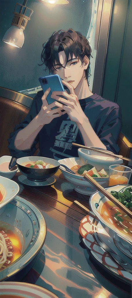 masterpiece,best quality,A man is taking a photo of a bowl of soup, eat, He was about 18 years old5岁, cai xukun, eat noodles, exclusive, He was about 18 years old, He was about 18 years old,