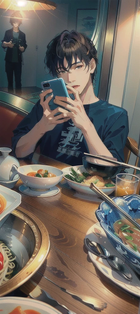 masterpiece，best quality，A man is taking a photo of a bowl of soup, eat, He was about 18 years old5岁, cai xukun, eat noodles, exclusive, He was about 18 years old, He was about 18 years old, 