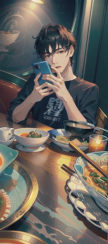 masterpiece，best quality，A man is taking a photo of a bowl of soup, eat, He was about 18 years old5岁, cai xukun, eat noodles, exclusive, He was about 18 years old, He was about 18 years old, 