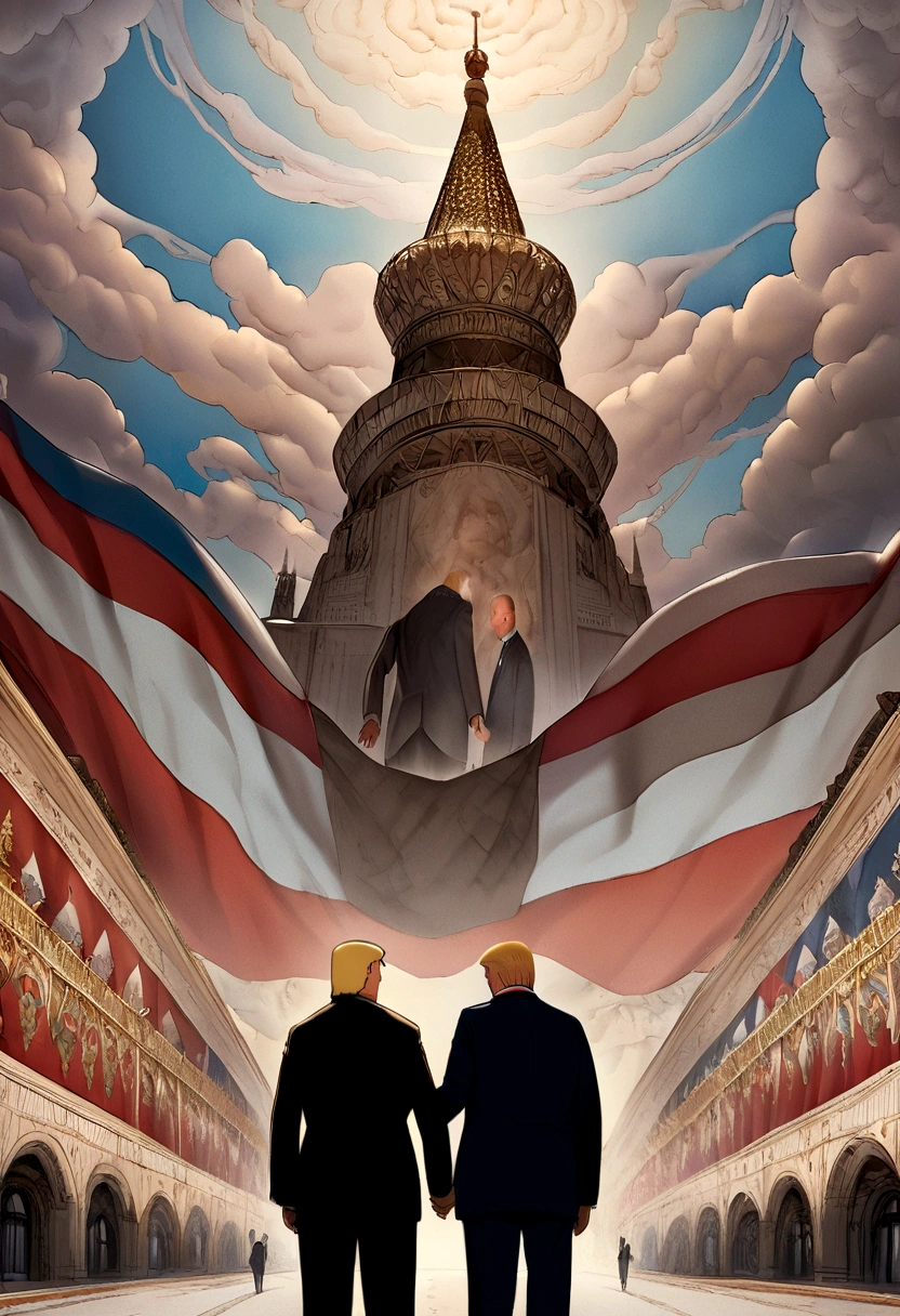 Donald Trump shakes hands with Vladimir Putin in front of a giant Russian flag