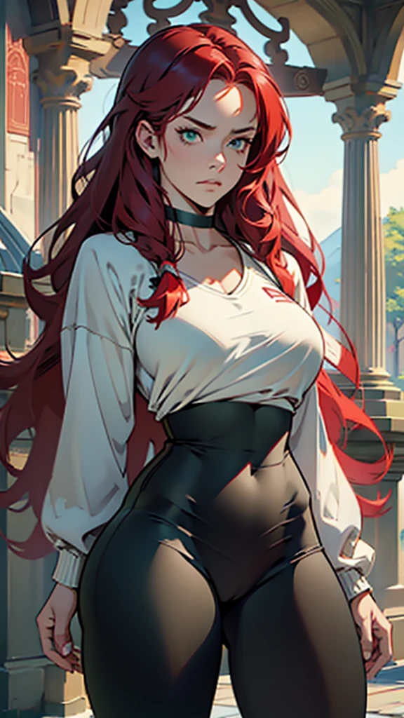 (((​masterpiece))), ((high resolution)), detail, red-haired girl, greeneyes, breasts big, (((thick-thighs))), choker, branch leggings, bottom to top, irritated face, white top showing part of the breasts