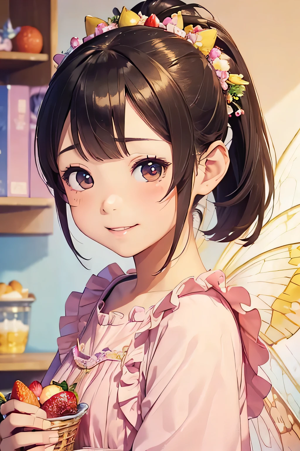 Highest quality、High resolution、Detailed Background、(Beautiful face in every detail:1.4)、Anatomically correct、(Detailed eyes:1.2)、Teenage Girl、Highly detailed face、cute hair color、Bobcut、ponytail、Twin tails、Fairy、A big smile、smile、cute gesture、
(Two cute Fairies are looking at you:1.5)、Fruit and food costumes、Fruit and Candy Costumes、Colorful and cute、Strawberries or bananas、Donut costumes、cute