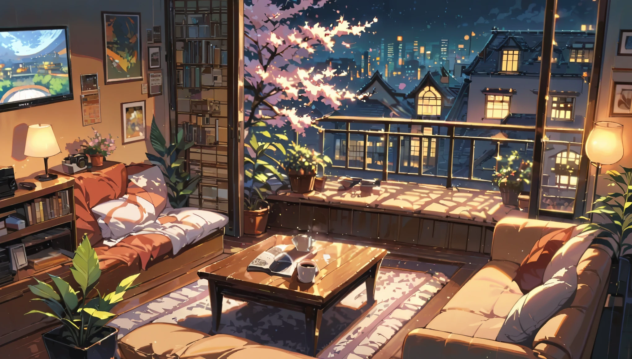 ((anime:1.4,illustration)),(masterpiece, top quality, best quality),(ultra-detailed, absolutely resolution),((16k, high res)), (((balcony, cherry blossoms, night sky, night view, potted plant, book, coffee table, sofa)) ((cozy lofi illustration:1.4)), ((anime:1.4, illustration)),(masterpiece, top quality, best quality),(ultra-detailed, absolutely resolution),((16k, high res)) BREAK {lofi art, style of Laurie Greasley, style of Makoto Shinkai, anime aesthetic}, BREAK { (produces images with information than 40 million pixels with cinematic-like detailed textures shot on a Sony SLR).}