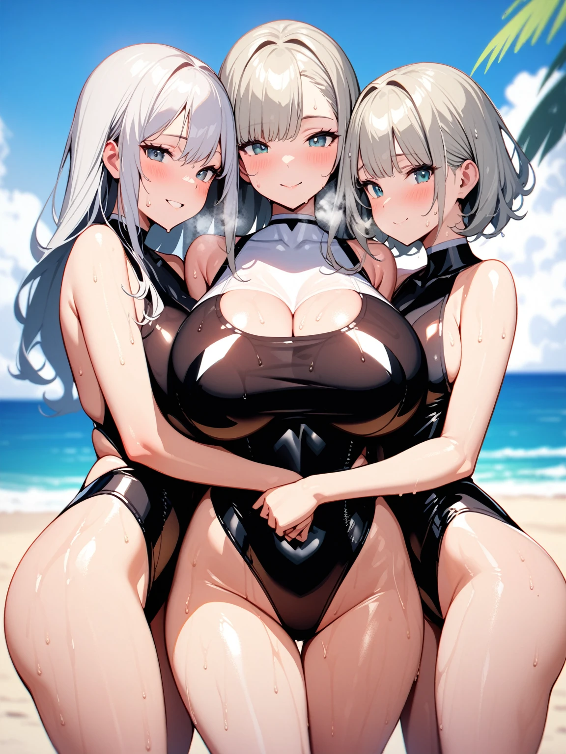 (nsfw,)(THREE beautiful girls),((solo girl)),((Perfect body,))((Super beautiful,Steam,))((High quality,))((Heavy breathing,sweat, Sweaty and wet all over,)),backlit,shiny glossy,gigantic breast, Looking at Viewer,((Beach side, sexual high leg leotard, sexy swimsuit , cowboy shot,)),After sunburn,Smile,Three beautiful girls are hugging each other's bodies,