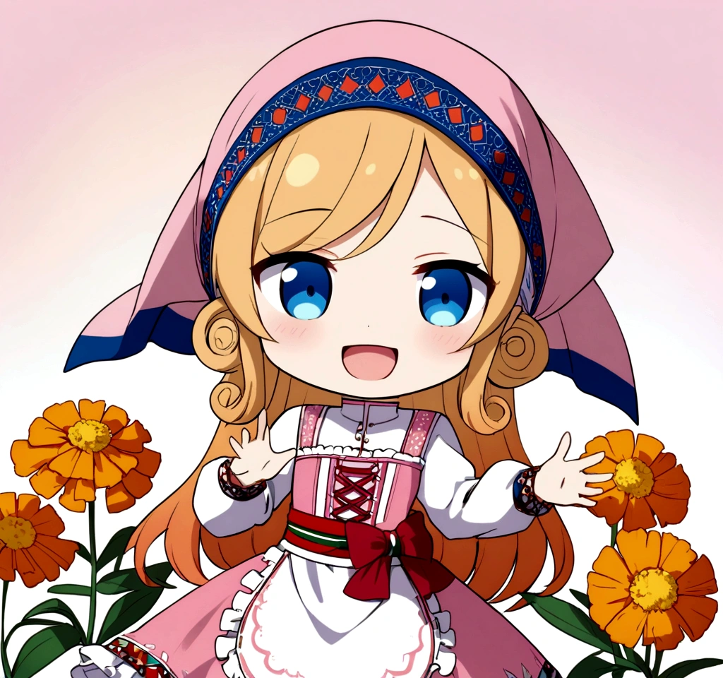 golden orange hair, gradient hair, very long hair, swept bangs, sidelocks, curly hair, wavy hair, (((((head scarf))))), head bandana, pink apron, flower in hair, marigold, orange flower, dirndl, pink dress, pink dirndl, long sleeves, waist apron, white apron, bow on waist, blue bow, , polish clothing, Slavic clothing, Hungarian clothing, anime, cute, flat chest, solo, exaggerated expression, chibi,(((((:3}}}}} smile, open mouth, blue eyes