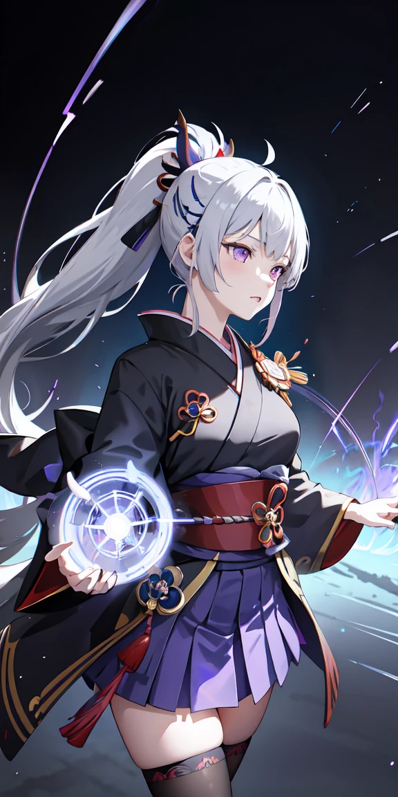 One girl, kimono, ponytail ,Gray Hair, Purple eyes, magic circle, Blue Fire, Blue Flame, wallpaper, landscape, Blood, Blood splatter, Depth of written boundary, night, Particles of light, light, Side Lighting, Thighs, destiny \(series\), Genshin Impact, ****, Open jacket, skirt, Knee socks, cloud