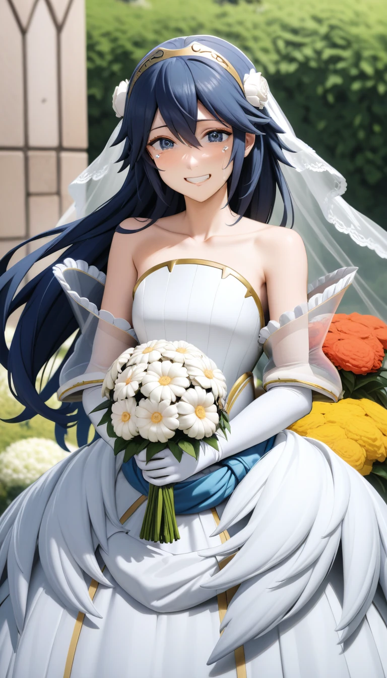 masterpiece, best quality, solo, 1girl brdLucy, tiara, bridal veil, hair flower, white flower, wedding dress, strapless, see-through sleeves, white sleeves, garden, flowers, bouquet, looking at viewer, smile, grin, tears in eyes, cowboy shot