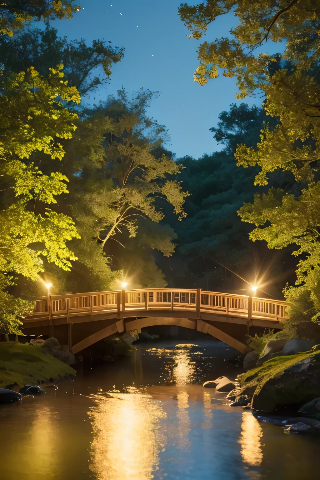 A serene, moonlit forest with a gentle river flowing through it. The scene is bathed in a soft, silvery glow, and fireflies are dancing in the air, creating a magical atmosphere. A wooden bridge crosses the river, and in the background, there's a cozy cabin with warm, inviting lights shining through the windows. The overall mood is peaceful and enchanting, perfect for a relaxing and meditative music video.
