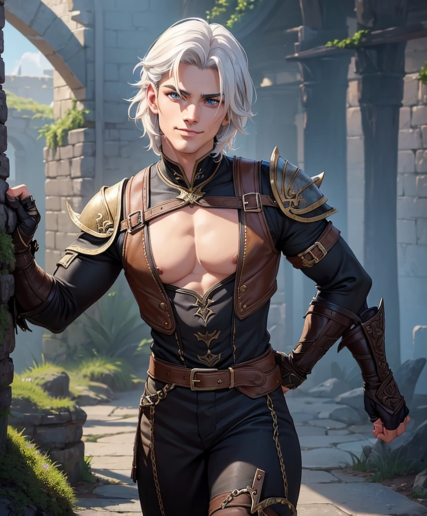 (((Luxurious white hair and sexy smirk.))) (((18 years old.))) (((18yo.))) (((Cute smirk.))) (((Single character image.))) (((1boy))) (((Looks like beefcake male fantasy character.))) (((Dressed in medieval fantasy attire.))) Sexy, mussed hair.  Looks like a sexy male twink porn star. (((Very appealing, sexy physique.)))  (((Male fantasy character in a grim fantasy setting.))) Looks like a fun-loving and heroic male adventurer for Dungeons & Dragons. Looks like a very attractive male adventurer for a high fantasy setting. Looks like a hot boyfriend. Looks like a handsome and rugged male adventurer for Dungeons & Dragons. Looks like a handsome male for a medieval fantasy setting. Looks like a Dungeons & Dragons adventurer, very cool and masculine hair style, black clothing, handsome, charming smile, adventurer, athletic build, excellent physique, confident, gorgeous face, gorgeous body, detailed and intricate, fantasy setting,fantasy art, dungeons & dragons, fantasy adventurer, fantasy NPC, attractive male in his mid 20's, ultra detailed, epic masterpiece, ultra detailed, intricate details, digital art, unreal engine, 8k, ultra HD, centered image award winning, fantasy art concept, digital art, centered image, flirting with viewer, best quality:1.0,hyperealistic:1.0,photorealistic:1.0,madly detailed CG unity 8k wallpaper:1.0,masterpiece:1.3,madly detailed photo:1.2, hyper-realistic lifelike texture:1.4, picture-perfect:1.0,8k, HQ,best quality:1.0, 

 best quality:1.0,hyperealistic:1.0,photorealistic:1.0,madly detailed CG unity 8k wallpaper:1.0,masterpiece:1.3,madly detailed photo:1.2, hyper-realistic lifelike texture:1.4, picture-perfect:1.0,8k, HQ,best quality:1.0,


