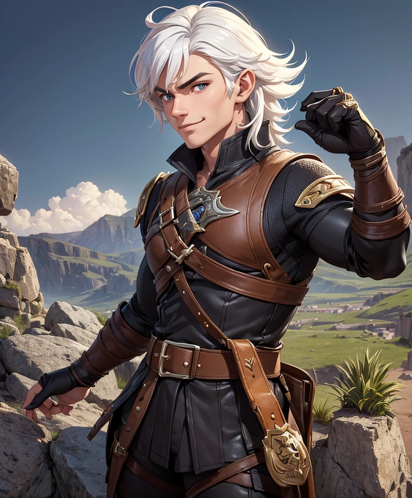 (((Luxurious white hair and sexy smirk.))) (((18 years old.))) (((18yo.))) (((Cute smirk.))) (((Single character image.))) (((1boy))) (((Looks like beefcake male fantasy character.))) (((Dressed in medieval fantasy attire.))) Sexy, mussed hair.  Looks like a sexy male twink porn star. (((Very appealing, sexy physique.)))  (((Male fantasy character in a grim fantasy setting.))) Looks like a fun-loving and heroic male adventurer for Dungeons & Dragons. Looks like a very attractive male adventurer for a high fantasy setting. Looks like a hot boyfriend. Looks like a handsome and rugged male adventurer for Dungeons & Dragons. Looks like a handsome male for a medieval fantasy setting. Looks like a Dungeons & Dragons adventurer, very cool and masculine hair style, black clothing, handsome, charming smile, adventurer, athletic build, excellent physique, confident, gorgeous face, gorgeous body, detailed and intricate, fantasy setting,fantasy art, dungeons & dragons, fantasy adventurer, fantasy NPC, attractive male in his mid 20's, ultra detailed, epic masterpiece, ultra detailed, intricate details, digital art, unreal engine, 8k, ultra HD, centered image award winning, fantasy art concept, digital art, centered image, flirting with viewer, best quality:1.0,hyperealistic:1.0,photorealistic:1.0,madly detailed CG unity 8k wallpaper:1.0,masterpiece:1.3,madly detailed photo:1.2, hyper-realistic lifelike texture:1.4, picture-perfect:1.0,8k, HQ,best quality:1.0, 

 best quality:1.0,hyperealistic:1.0,photorealistic:1.0,madly detailed CG unity 8k wallpaper:1.0,masterpiece:1.3,madly detailed photo:1.2, hyper-realistic lifelike texture:1.4, picture-perfect:1.0,8k, HQ,best quality:1.0,


