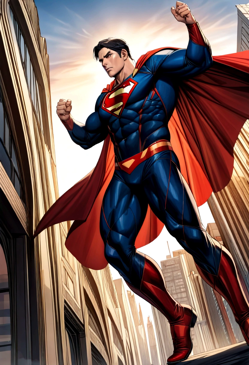 a muscle, Powerful Superman in a dynamic flying pose, with a confident and determined expression on his face. His iconic red and blue superhero costume is highly detailed, showing the textures and contours of the fabric. The vibrant colors of the costume, including the bright red cloak that flows behind him, Create a stunning visual impact. The symbol of Your Home, the iconic Superman emblem, is prominently displayed on his chest.
The work uses comic book illustration as a medium., capturing the essence of the beloved DC Comics character. Lines and shading are crisp and clean, giving the image a dynamic and energetic feel. Combines elements of traditional hand-drawn art with digital coloring techniques, resulting in a visually stunning piece.
As Superman takes center stage, the background features the iconic Metropolis skyline with its imposing skyscrapers, all bathed in the warm sunlight. Buildings are highly detailed, featuring a mix of contemporary architecture and classic art deco style that is synonymous with the world of Superman.
The lighting in the artwork is dramatic, with sunlight casting strong shadows on Superman's muscular physique, emphasizing your strength and power. Using highlights and shadows adds depth and dimension to the image, Bringing it to life.
The color palette of the work is rich and vibrant., with bold primary colors dominating the scene. The red and blue of Superman's costume stand out against the warm tones of the cityscape, creating a visually captivating contrast.
jeneral, This work is of the best quality, with ultra-detailed, Realism Rendering. Every muscle and line of Superman's body is meticulously portrayed, highlighting his physical prowess and superhero status. Attention to detail creates a sense of realism, making the viewer feel as if they are witnessing Superman's flight in person.