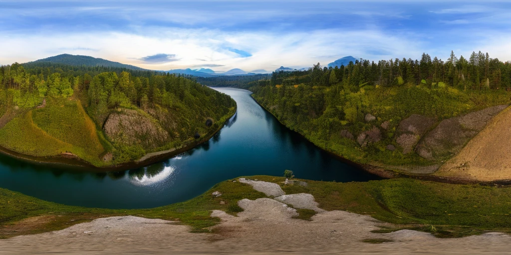 360 panorama,(photorealistic photo in 8k RAW format),cliff,aerial photography,the forest,River,landscape,No characters,uninhabited,high mountain,