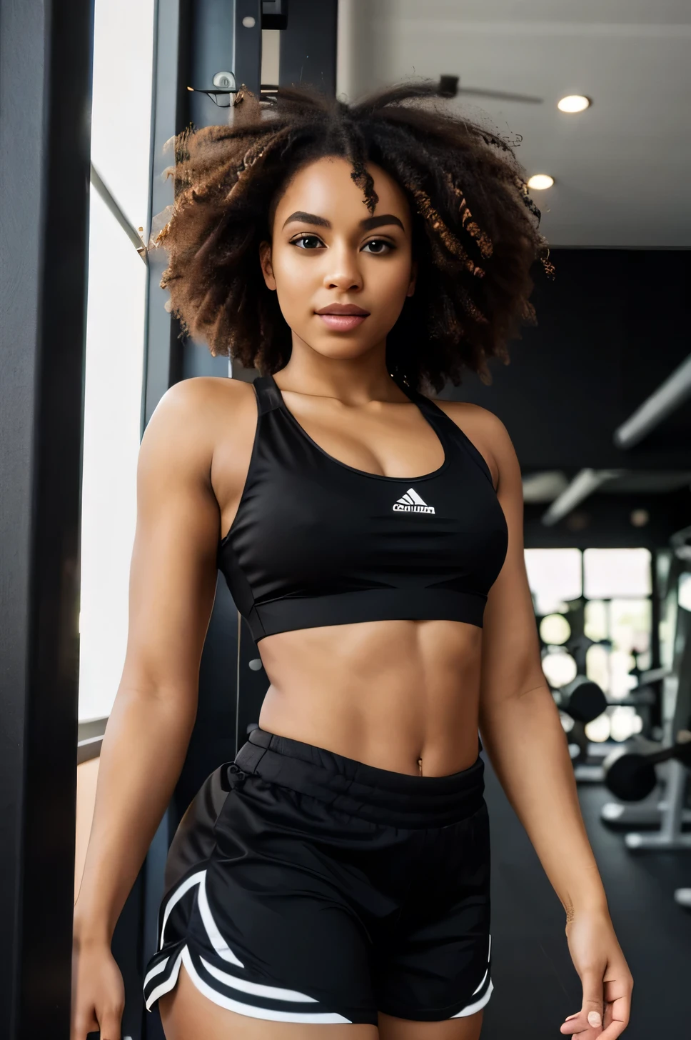 beautiful mulatta, in a top and short black shorts, gym clothes, in a gym setting, good lighting, looking at the camera, curly hair