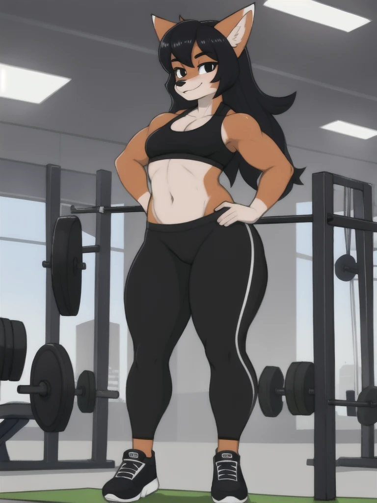 Furry, fox, female, black shirt, black leggings, shoes, gym, , standing, full body