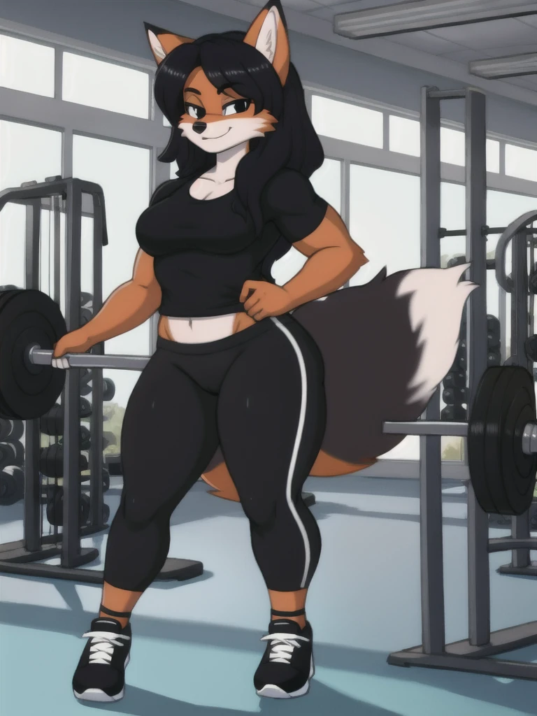 Furry, fox, female, black shirt, black leggings, shoes, gym, teen, standing, full body