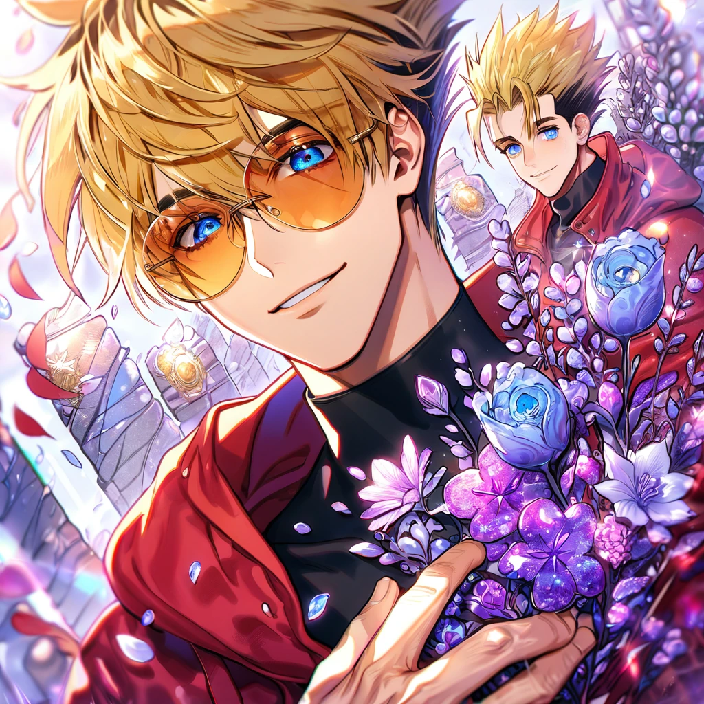 Ultra detailed, HDR, Highres, absurdres, master piece, Vash Stampede, expressive blue eyes, blond hair, red coat with a hoodie, black tight shirt, amber round sunglasses, Trigun, glass, purple ice, petals, purple ice flowers, sexy man, solo, handsome, glittering, purple glass, best quality, handsome smile