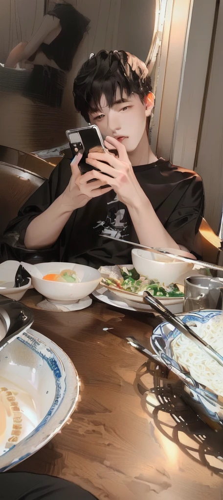 masterpiece,best quality,A man is taking a photo of a bowl of soup, eat, He was about 18 years old5岁, cai xukun, eat noodles, exclusive, He was about 18 years old, He was about 18 years old,