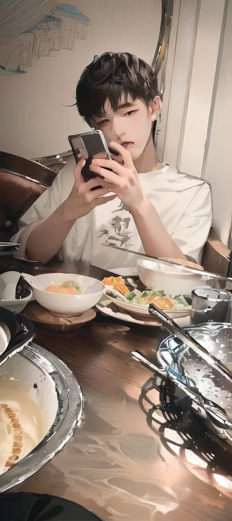 masterpiece，best quality，A man is taking a photo of a bowl of soup, eat, He was about 18 years old5岁, cai xukun, eat noodles, exclusive, He was about 18 years old, He was about 18 years old, 