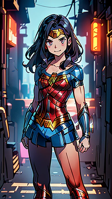 best quality,masterpiece,1girl,solo,(((13years old))),japanese boy,an extremely cute and handsome boy,highly detailed beautiful face and eyes,petit,cute face,lovely face,baby face,shy smile,show teeth, Black hair,Long hair,flat chest,skinny,slender,(((wearing a Wonder Woman costume))),(((standing in Dark Midnight Neon Glow light Cyberpunk metropolis city))),he is looking at the viewer,