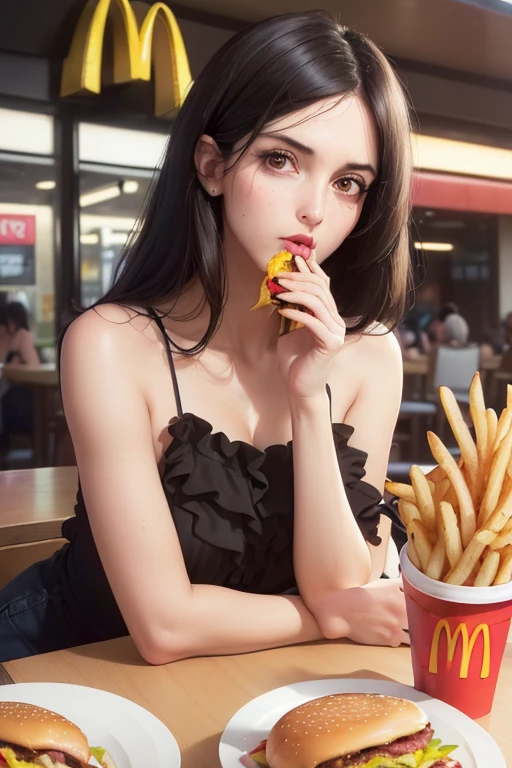 (((best qualityer), (hyper realist)Elaine,shoulder-length black hair,eyes browns, thin lips, Round face,breasts big, waist long, 1,67 m and 46 kg,eating burgers and fries at McDonald's,detailed artwork