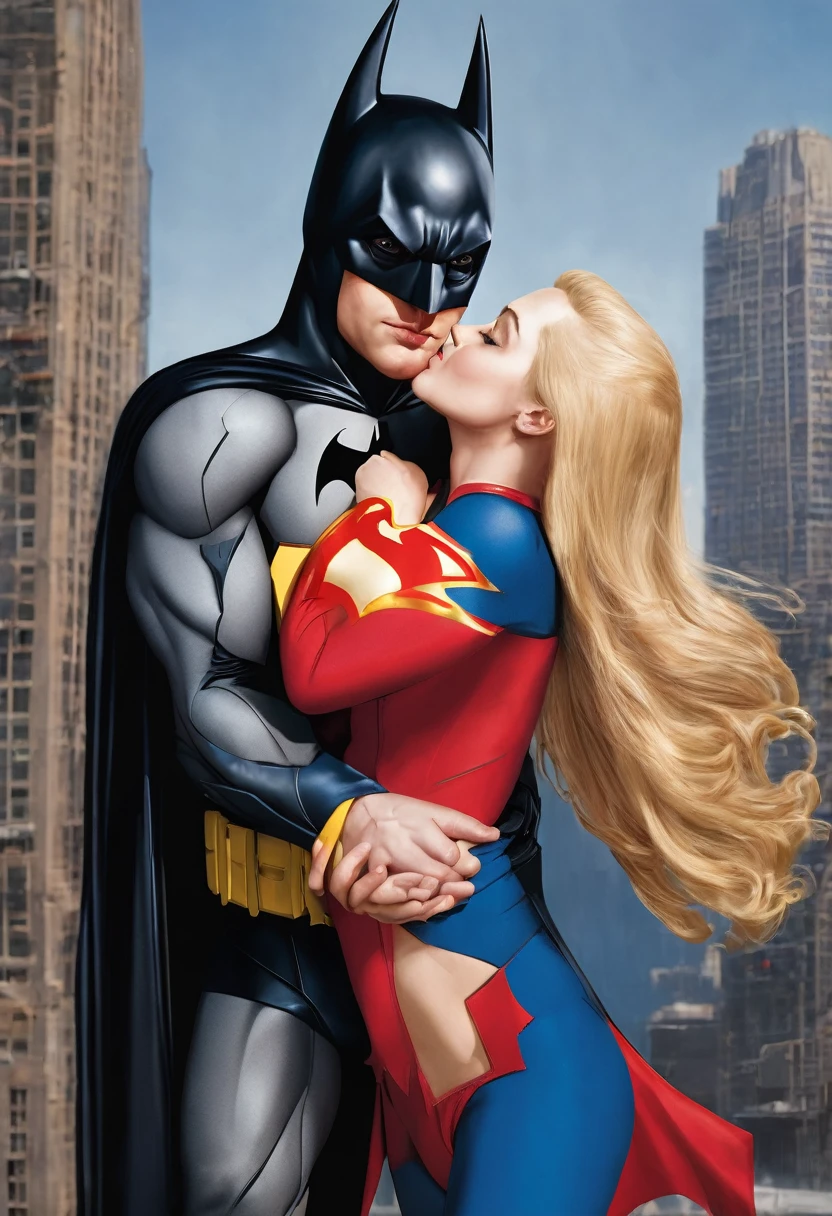 Hyper realistic image of Super Girl kissing Batman. Batman's erect penis is visible on his suit. Super Girl has her hand on Batman's penis. Super Girl is blonde, she has a fit body and her breasts are big since they have surgery. Batman is touching Super Girl's breast.