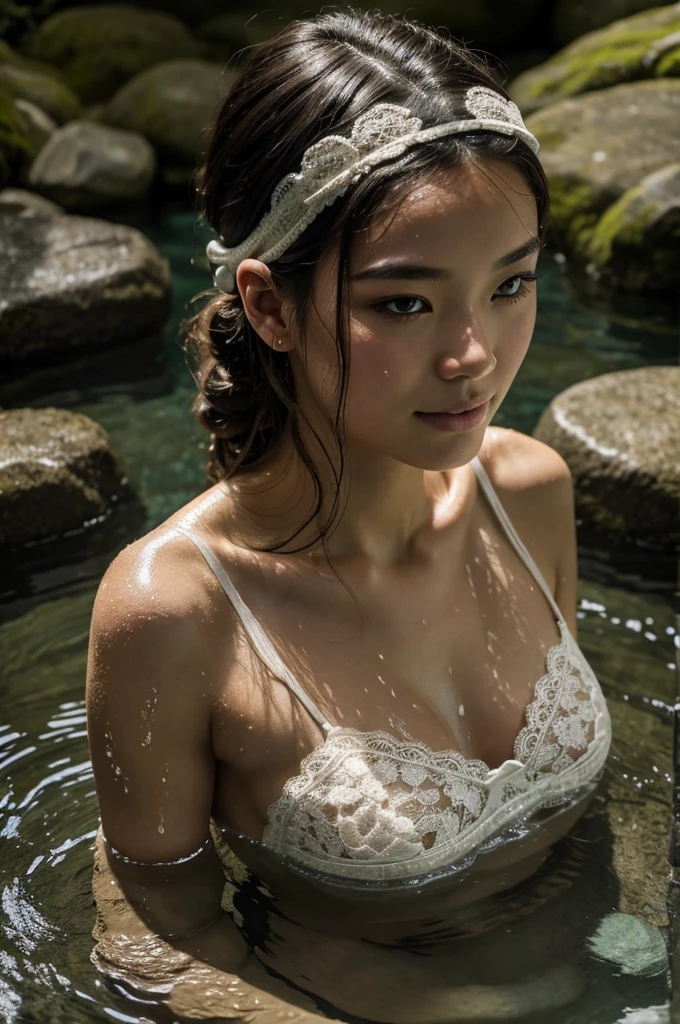 Best Quality, Masterpiece, super high resolution, A super model submerged in hot springs in Japan., outdoor hot springs, stone hot springs, surrounded by moss and trees, super beautiful face, pure body, clear pores visible, (SMILE:0.8), using division (lace headband:1.2), (realism:1.5), Photo original, soaked body, covered in sweat, bare shoulders, in the dark, deep shadows, low key, cold light