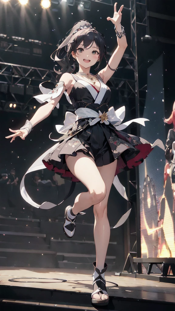 ((masterpiece)), (Highest quality), Official Art, Highly detailed CG, unity 8k wallpaper, Super detailed,
One girl,Japanese, stage, Idol, Bare shoulders, necklace, Open your mouth,  sing, stage, Spotlight, Idol風のかわいい衣装,Holding a microphone,With a microphone in each hand,Singing with a microphone,Don&#39;t lift your legs,There&#39;s a screen right behind the girl.,I see myself on the screen,stageにはスクリーン意外に何も無い,whole bodyが映っている,
whole body,Long ponytail,Five fingers、Two arms,Two legs,Smiling,The universe unfolds in the background directly behind the screen.
 