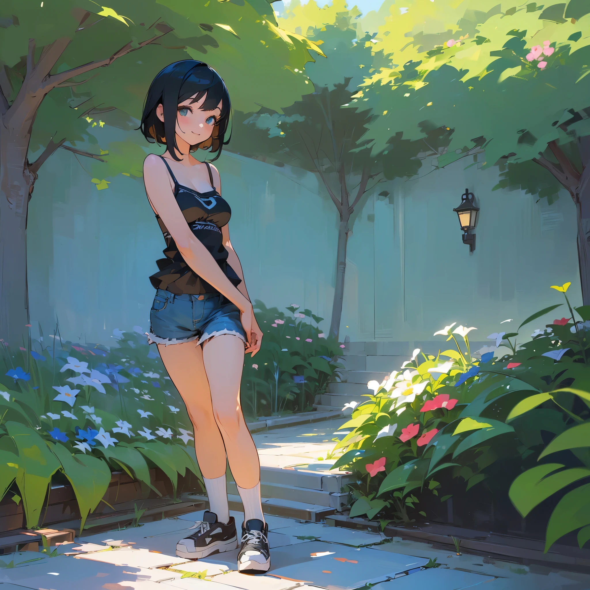 (high quality, High resolution, Very detailed, reality:1.37), Peaceful atmosphere, (Outdoor, garden), Teenage girl standing alone, (my breasts are big.), Beautiful details, Cute Smile, (Black bob hair), camisole, Denim shorts, Blue socks, sneakers.