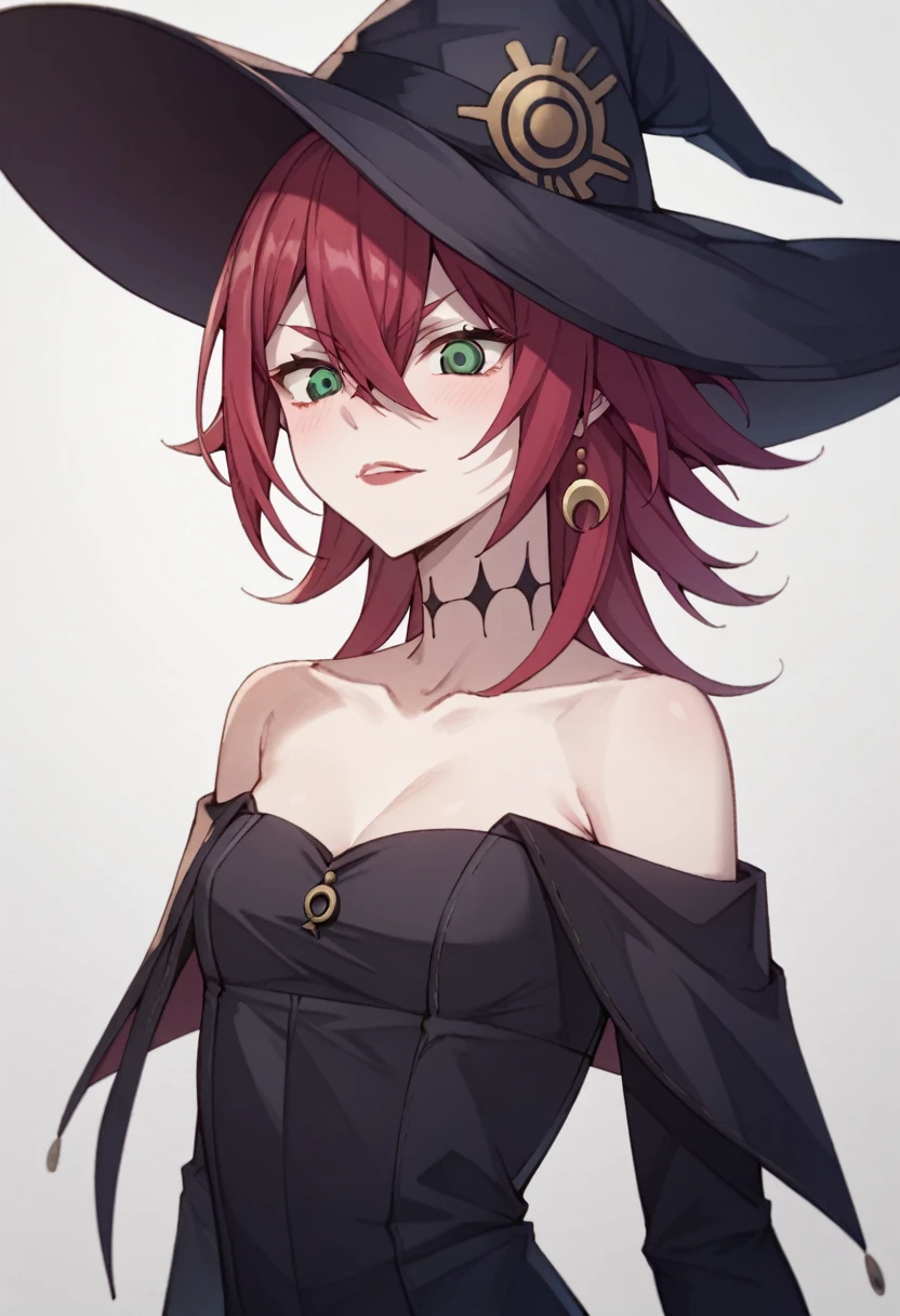 crimson, 1girl, desnudos, sin ropa, small breasts, pechos grandes,hat, witch hat, solo, green eyes, red hair 