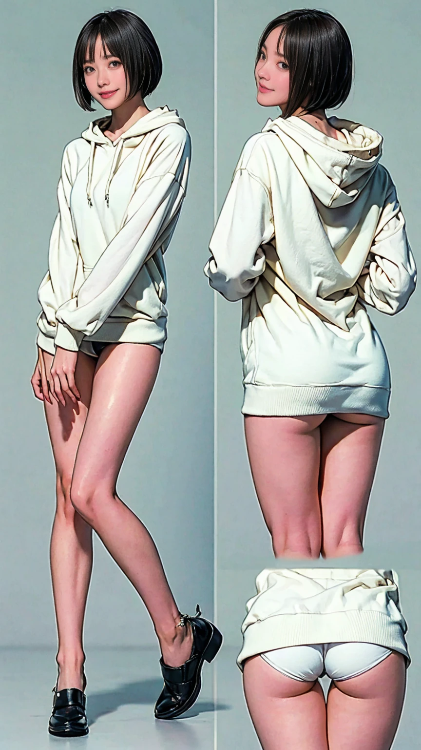 ((masterpiece)),(((Highest quality))),((Character design sheet)), Thin thighs,Long legs,18 year old Japanese girl, Cute type,The best smile:1.5,white long hoodie:1.5, Black panties in full view 1.5,Very short hair , (Highly detailed skin), The background is gray,Tuck up your clothes:1.5,Wearing a hood:1.5,Sexy pose with butt sticking out:1.5