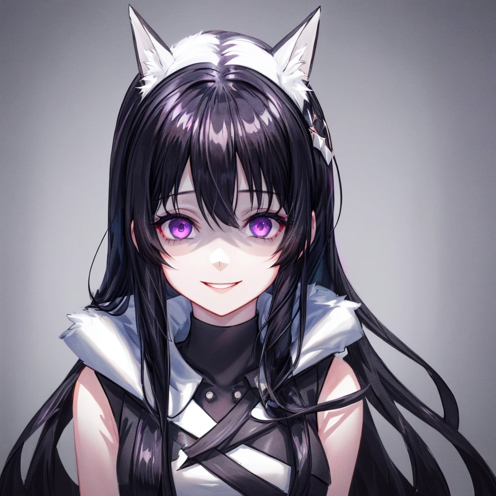 best quality, masterpiece, very aesthetic, half-length portrait, close shot, front view, facing_viewer, Front Facing,1 girl, black hair, long hair, monochromatic, pale face, crazy eyes, insane, sleeveless turtleneck, wearing coat with low hanging shoulders, purple eyes, looking_at_viewer, yandere face, gesugao, black linings, stark white background, plain background, simple_background ,edgGesugao, yandere, perfect face, pretty, smile, shaded face