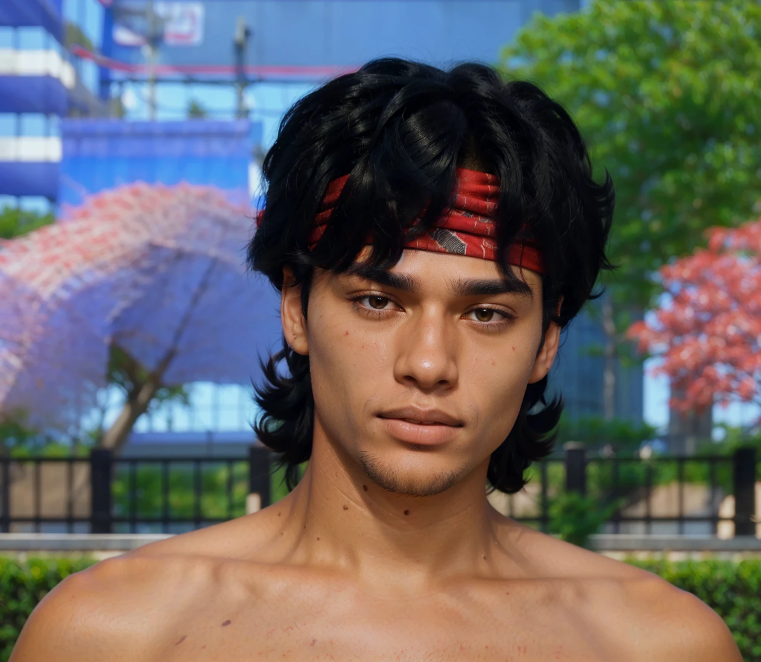 a close-up of a person with black hair and red bandana, with fully detailed faces, with textured hair and skin, dynamic black hair, hyperrealistic teen, Dark-skinned man, with very detailed face, detailed realistic face, Mullet, mullet hair