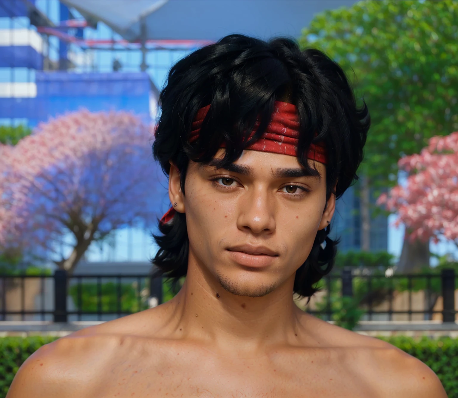 a close-up of a person with black hair and red bandana, with fully detailed faces, with textured hair and skin, dynamic black hair, hyperrealistic teen, Dark-skinned man, with very detailed face, detailed realistic face, Mullet, mullet hair