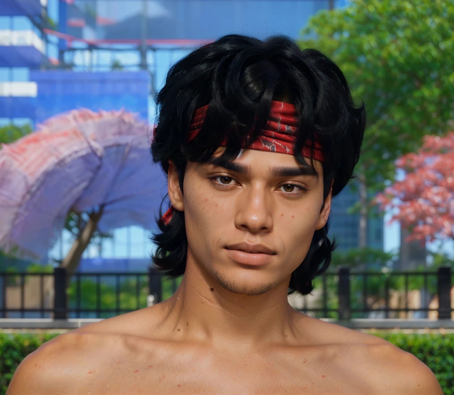 a close-up of a person with black hair and red bandana, with fully detailed faces, with textured hair and skin, dynamic black hair, hyperrealistic teen, Dark-skinned man, with very detailed face, detailed realistic face, Mullet, mullet hair