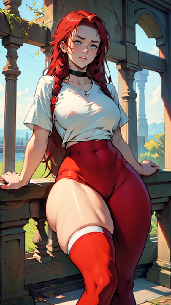 (((masterpiece))), ((high resolution)), detail, red-haired girl, greeneyes, big, (((thick-thighs))), choker, branch leggings, bottom to top, irritated face, white top showing part of the breastsbody, all-body, distant,