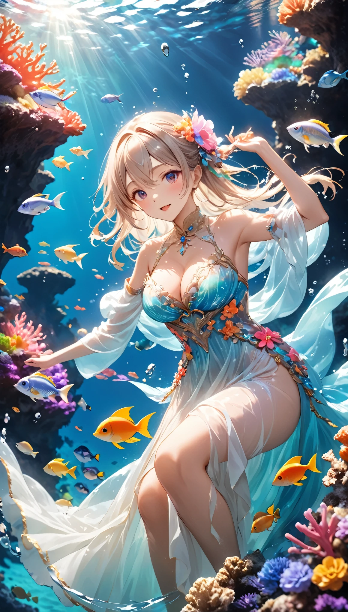 hitenkei style, claude monet, oil painting, mermaid, ((topless)), nsfw, masterpiece, underwater, coral reefs, schooling fish, 1 girl, erect nipples, intricately detailed, navel, bare shoulders, blonde hair, pearl necklace, fin hair ornaments, under sea, extremely detailed, bare breasts, puffy nipples, blue eyes, bare stomach, soaked, medium breasts, arm strap, swimming, , soft eyes, smiling, armpit, happy, half open eyes, lusty eyes, blushing, long hair, side bangs