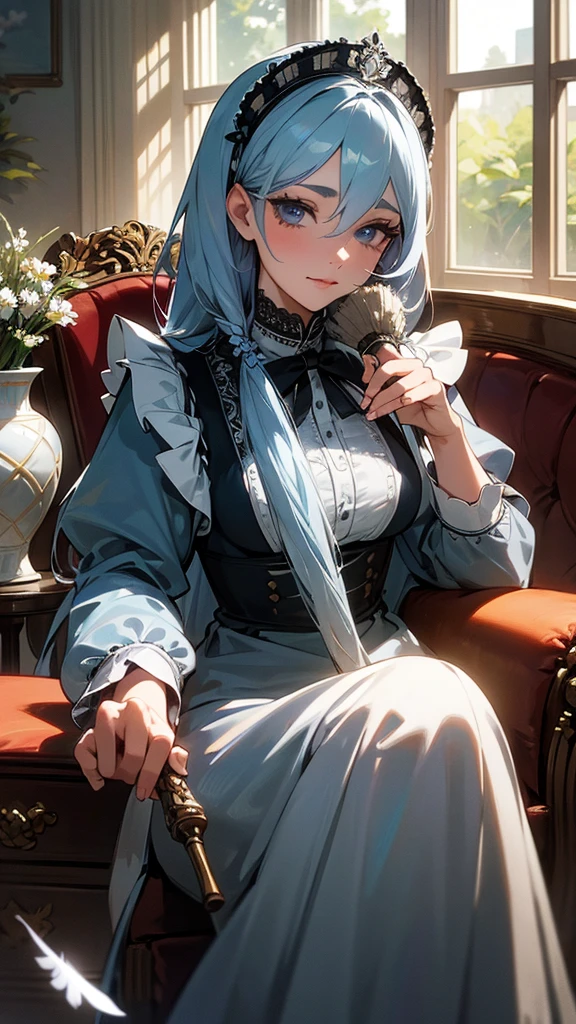 a beautiful maid with grey and blue hair, detailed facial features, long eyelashes, wearing a maid outfit, intricate maid headpiece, holding a feather duster, looking directly at the viewer, detailed background with a large window, sunlight streaming in, ornate furniture, vase of flowers, highly detailed, photorealistic, 8k, masterpiece, cinematic lighting, warm color tones