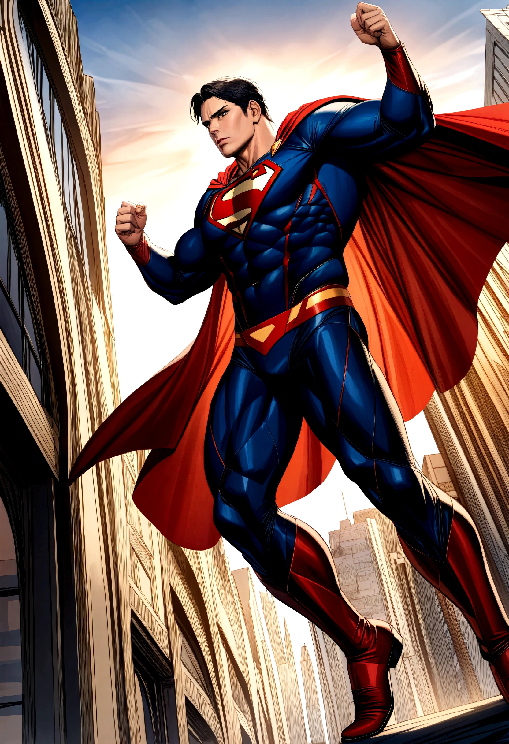 a muscle, Powerful Superman in a dynamic flying pose, with a confident and determined expression on his face. His iconic red and blue superhero costume is highly detailed, showing the textures and contours of the fabric. The vibrant colors of the costume, including the bright red cloak that flows behind him, Create a stunning visual impact. The symbol of Your Home, the iconic Superman emblem, is prominently displayed on his chest.
The work uses comic book illustration as a medium., capturing the essence of the beloved DC Comics character. Lines and shading are crisp and clean, giving the image a dynamic and energetic feel. Combines elements of traditional hand-drawn art with digital coloring techniques, resulting in a visually stunning piece.
As Superman takes center stage, the background features the iconic Metropolis skyline with its imposing skyscrapers, all bathed in the warm sunlight. Buildings are highly detailed, featuring a mix of contemporary architecture and classic art deco style that is synonymous with the world of Superman.
The lighting in the artwork is dramatic, with sunlight casting strong shadows on Superman's muscular physique, emphasizing your strength and power. Using highlights and shadows adds depth and dimension to the image, Bringing it to life.
The color palette of the work is rich and vibrant., with bold primary colors dominating the scene. The red and blue of Superman's costume stand out against the warm tones of the cityscape, creating a visually captivating contrast.
jeneral, This work is of the best quality, with ultra-detailed, Realism Rendering. Every muscle and line of Superman's body is meticulously portrayed, highlighting his physical prowess and superhero status. Attention to detail creates a sense of realism, making the viewer feel as if they are witnessing Superman's flight in person.