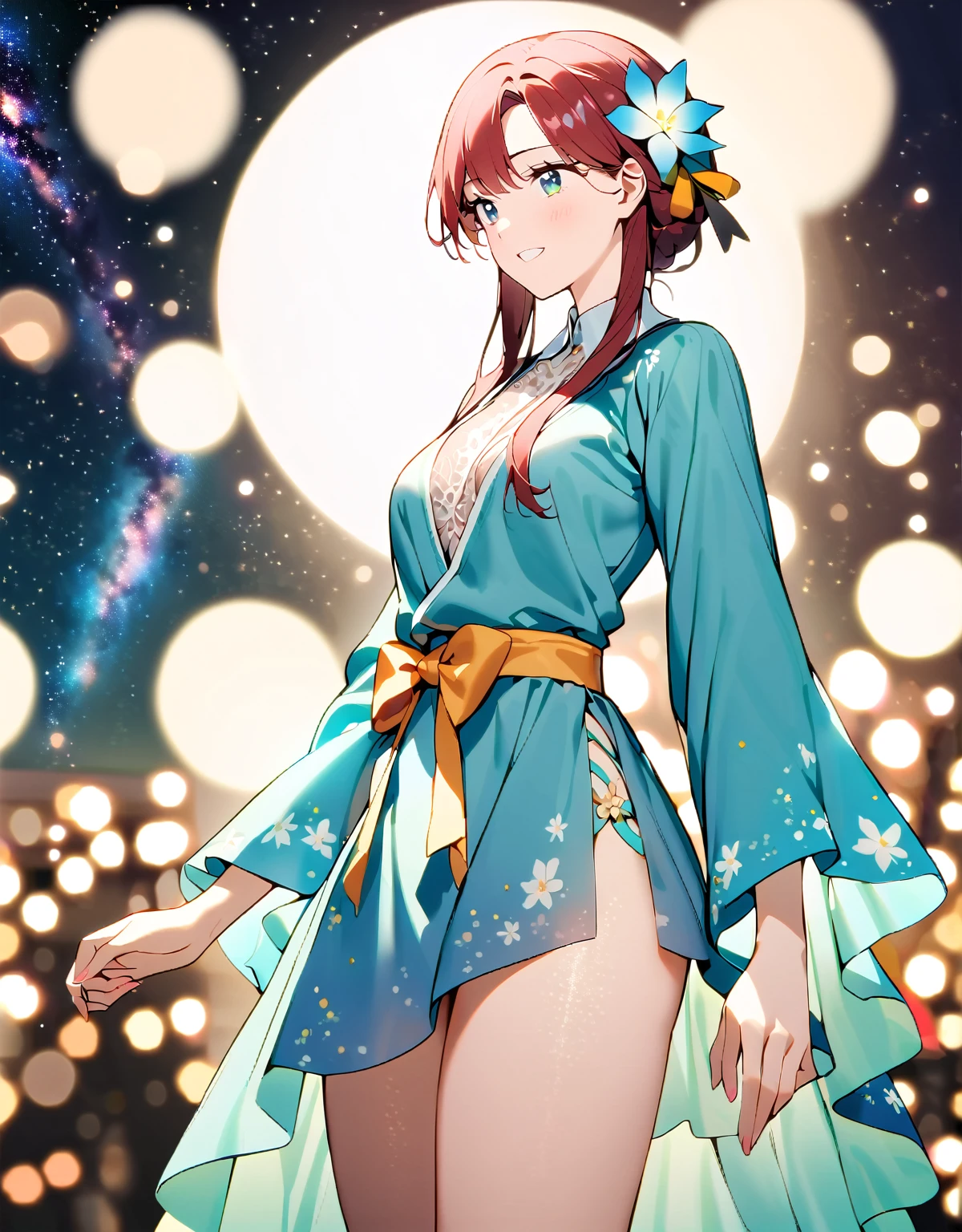 1 Girl. Old-fashioned smile. flowerびら. __flower__. four seasons. Bokeh.
Nice body, beautiful 肌. oily 肌. Very delicate and beautiful. Very detailed. Clear Eyes. Red hair。Hair accessories with attention to detail,美しいflower畑,Hair is tied))((Amazing starry sky、))、Clothing Blue Robe