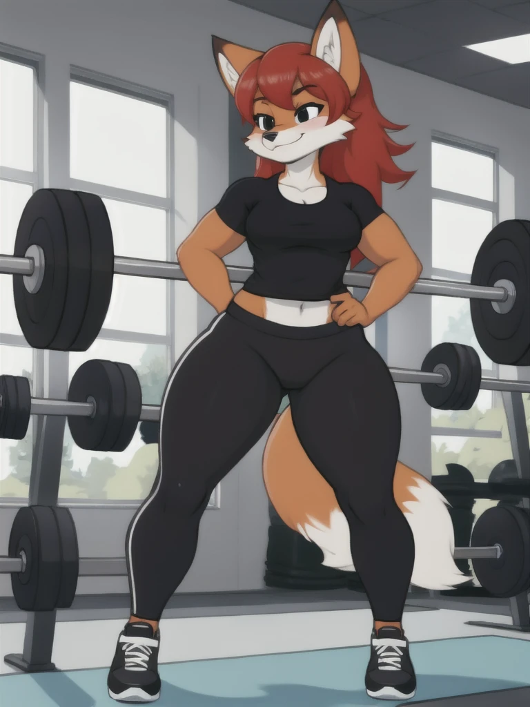 Furry, fox, female, black shirt, black leggings, shoes, gym, teen, standing, full body