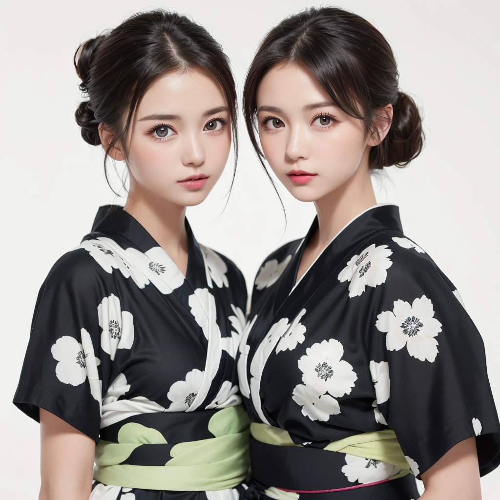 (((forehead、Northern Europe、White people、beautiful girl、Black Hair、White background、Colorful yukata、Chignon)))、table top, highest quality, figure, super detailed, finely, High resolution, 8k wallpaper, Perfect dynamic composition, detailed and beautiful eyes, Deco out,bionde, breasts, Natural color lip,white background, random cute poses,