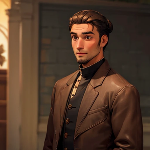 A clergyman with a brown bun haircut, dressed in simple clothes
